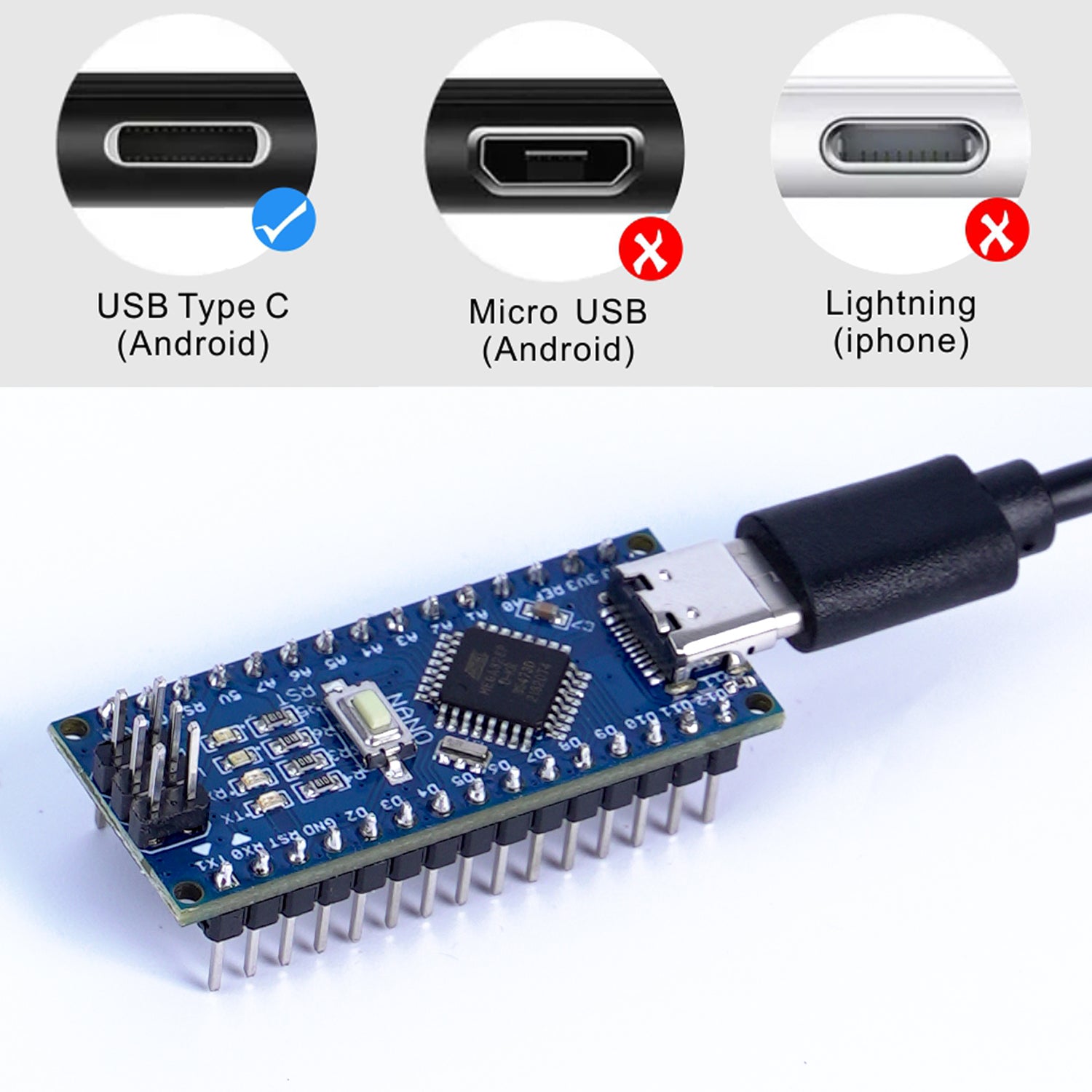 Nano V3.0 Board for Arduino ATmega328P CH340 5V/16M USB-C with Cable