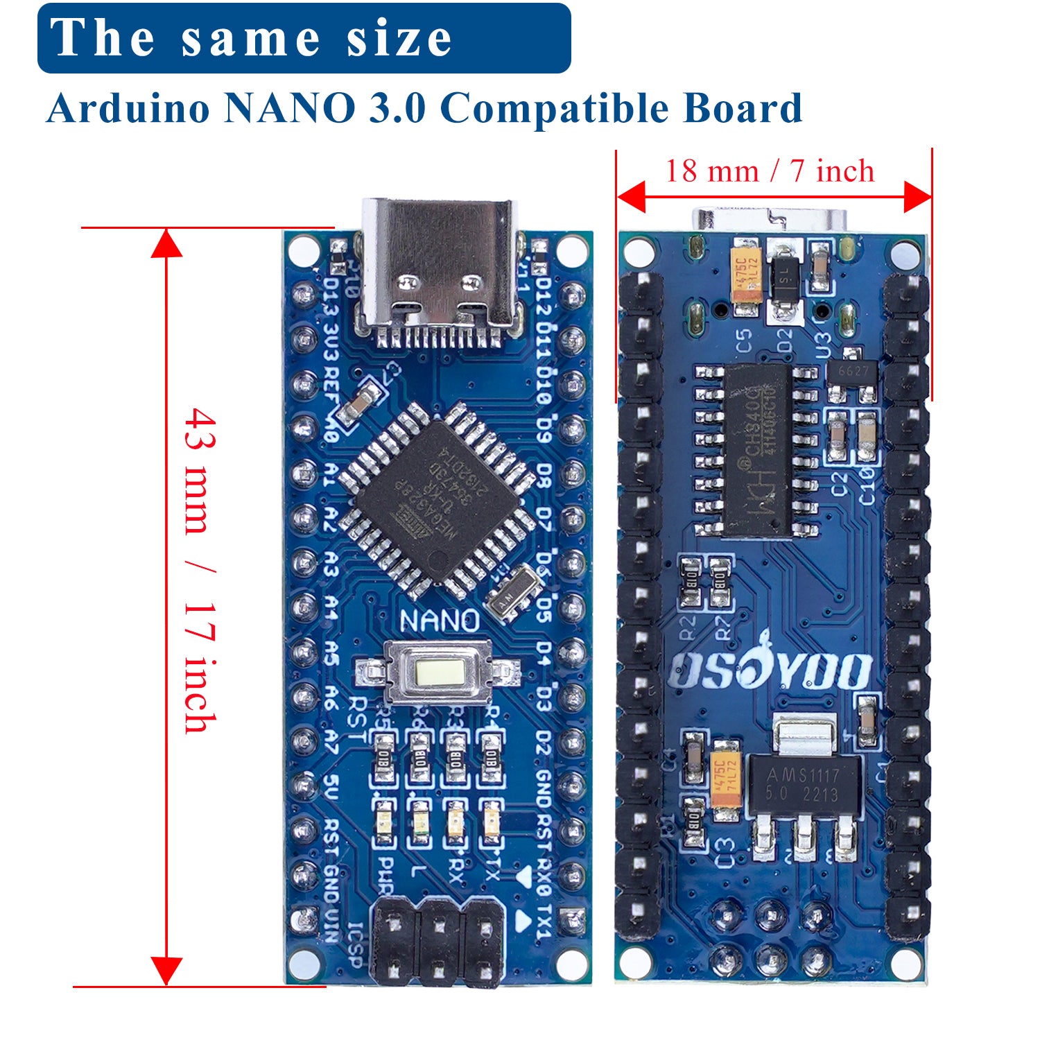 OSOYOO Nano ATmega328P Module CH340 5V/16M USB-C Micro-Controller Boar