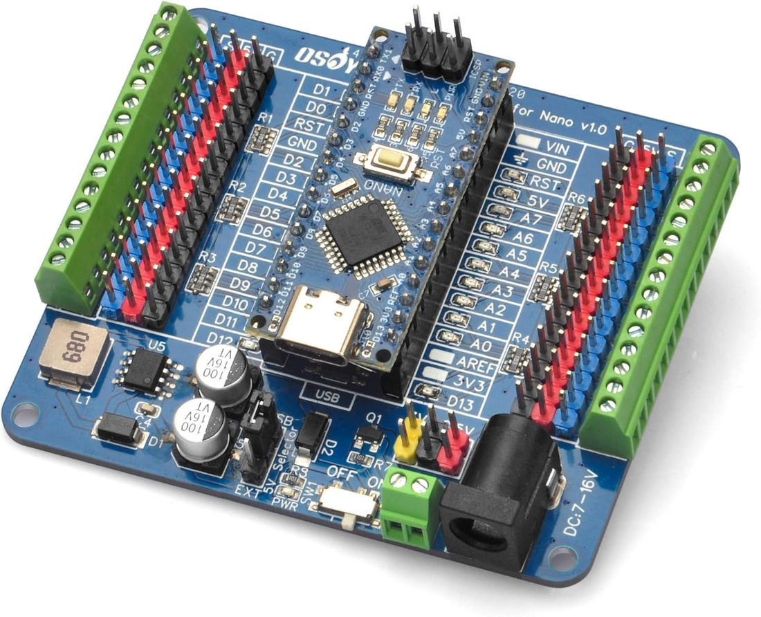 OSOYOO Nano Breakout Board,GPIO Status LED,I/O Shield,Terminal Expansion block for Arduino Nano, 5V 3.3V Outputs