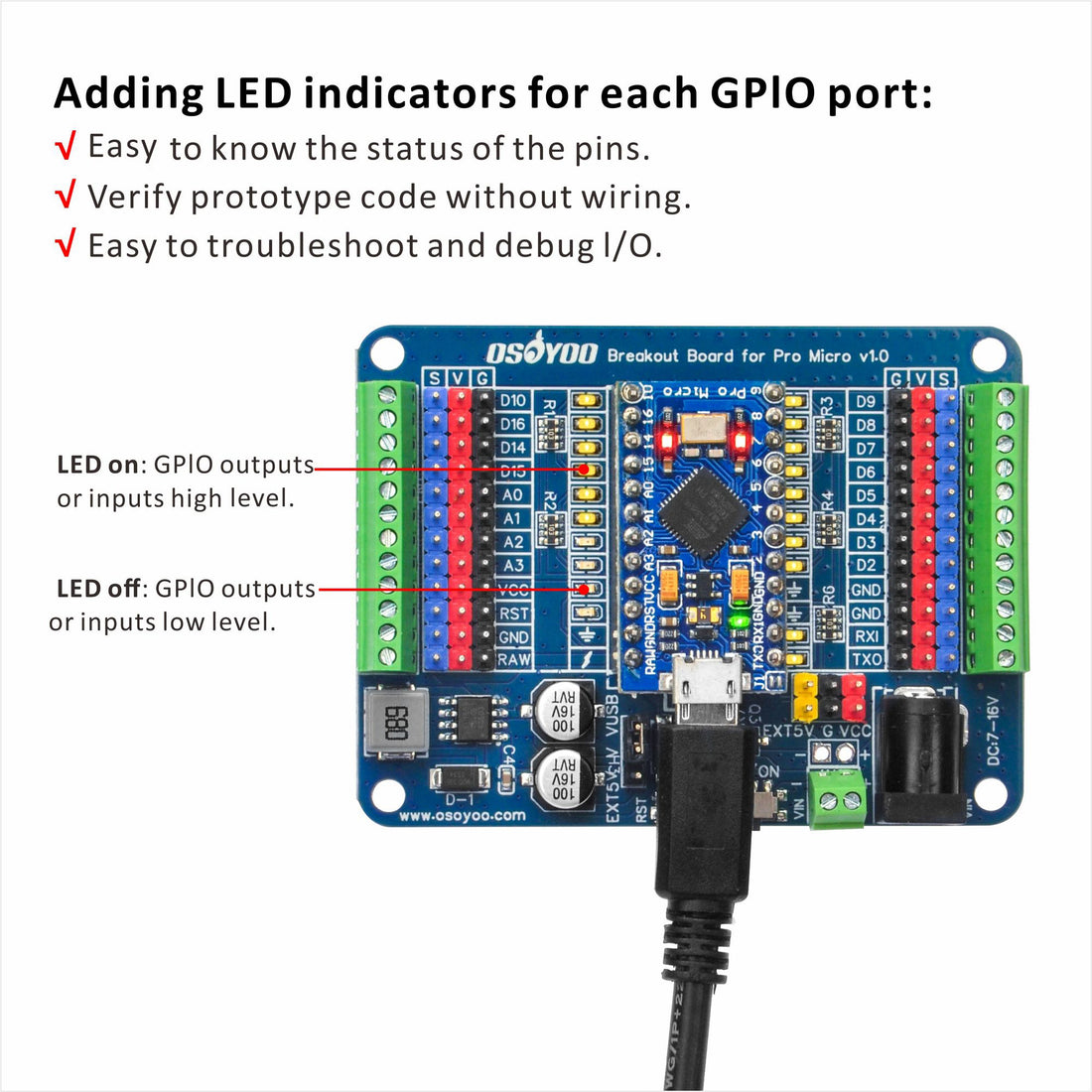 Pro Micro Shiled Breakout Board - GPIO Status LEDs,3-Pin Sensor/Servo Ports,5V/2A