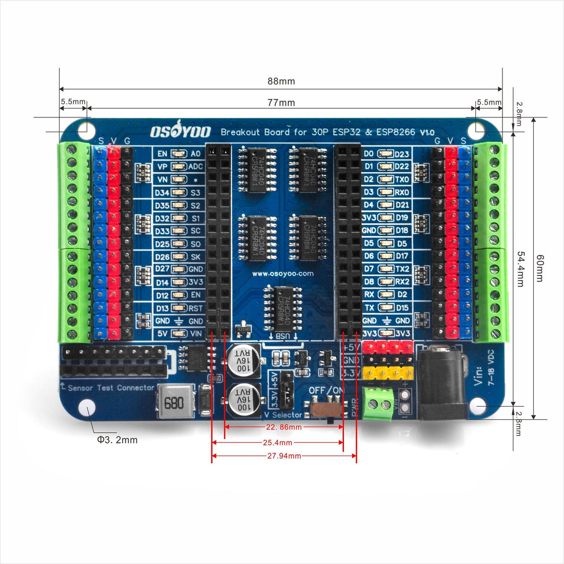 30P/38P ESP32 & ESP8266 Shiled Breakout Board Terminal Block Shield HAT with Pin Header, 5V 3.3V Power Outputs, GPIO Status LED