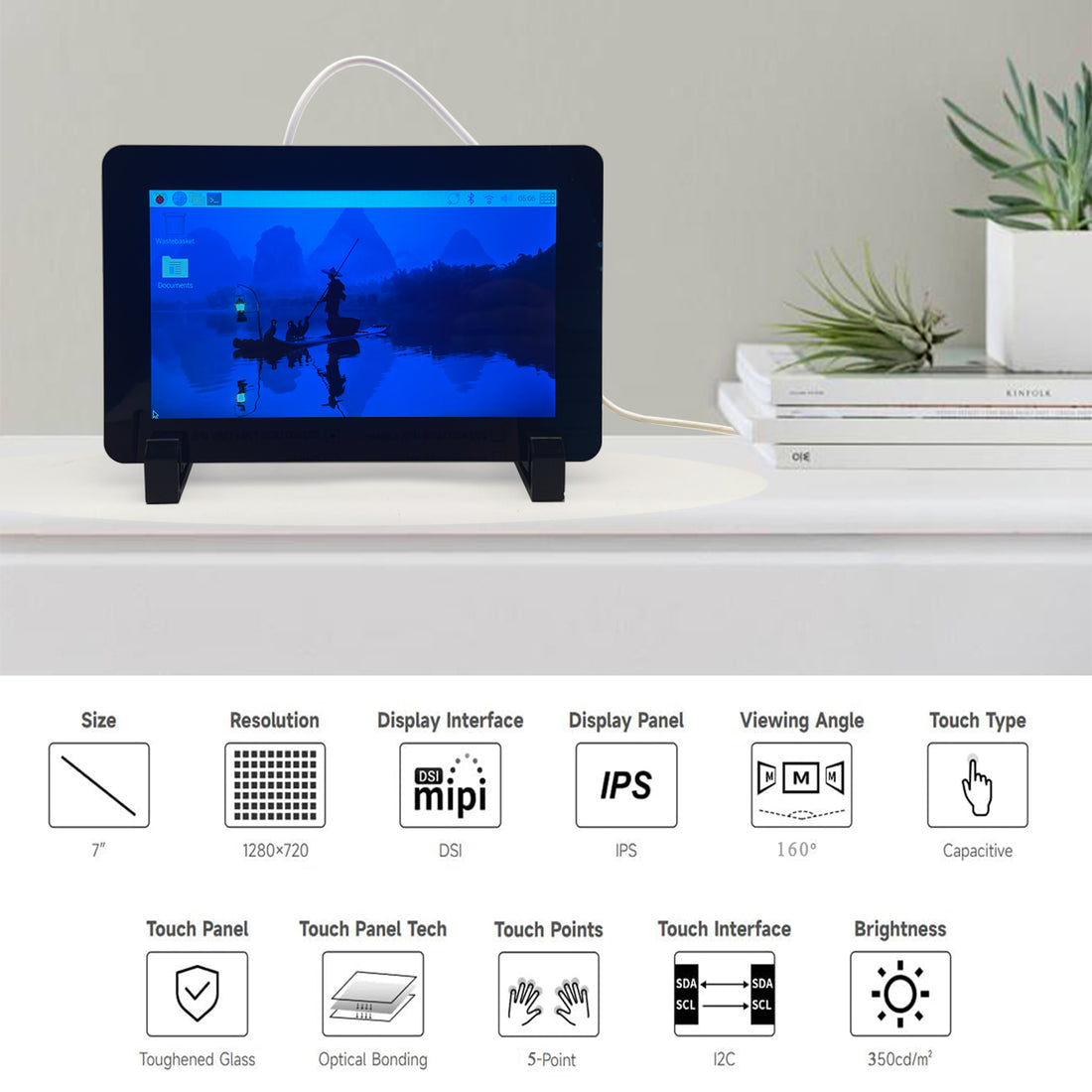 7" Touchscreen DSI IPS Capacitive 720×1280 HD for Raspberry Pi 5/4B/3B+/3A+ DSI & GPIO Powered 5-Point Touch 6H Hardness Tempered Glass Anti-Fingerprint