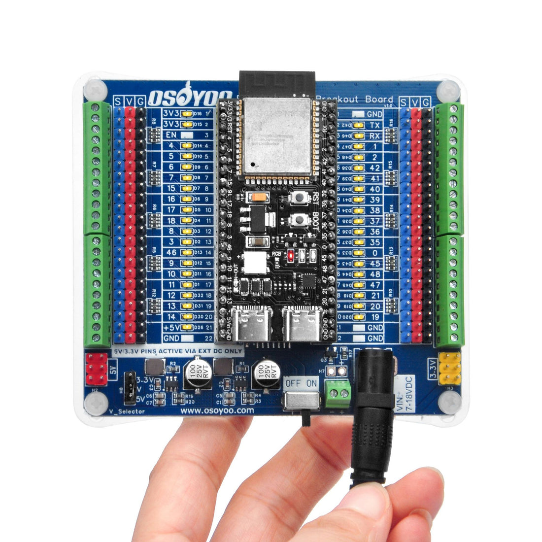 OSOYOO ESP32-S3 GPIO Breakout Board w/ LED Indicators, 5V/3A & 3.3V/3A Output