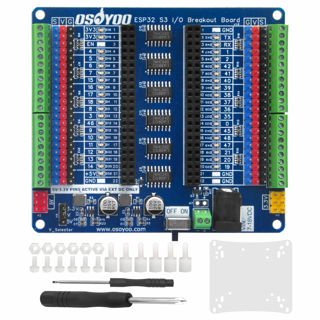 ESP32-S3 GPIO Breakout Board w/ LED Indicators, 5V/3A & 3.3V/3A Output