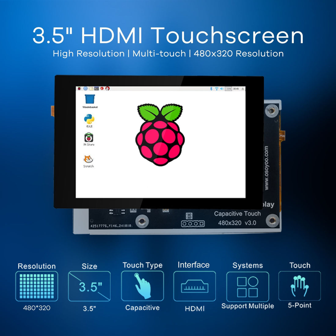 3.5" HDMI Capacitive Touch screen for JETSON NANO / Raspberry Pi 5, 4, 3B / PC, Pulg and Play, Compatible with Windows 11 10 8 7, Raspberry Pi OS, Ubutun, Kali OSOYOO