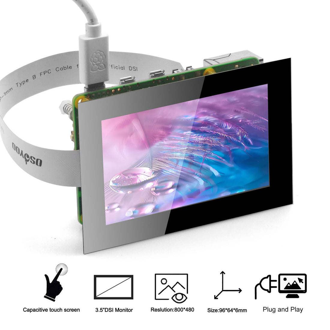 3.5" DSI touchscreen for Raspberry Pi 5 4 3 2 CM3 CM4 - IPS capacitive touch Display, 800x480 Resolution, Plug and Play, Compatible with Raspberry Pi OS, Ubuntu OSOYOO