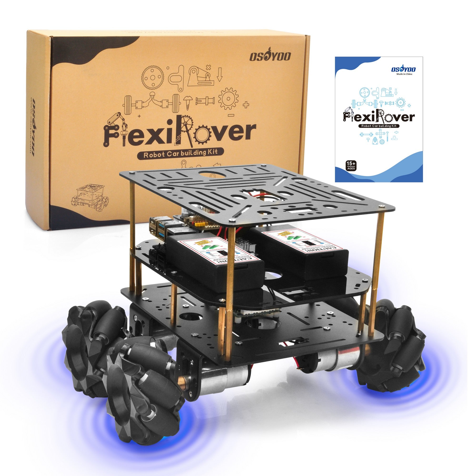 OSOYOO FlexiRover Robot Car Kit for Raspberry Pi – Compatible with Pi 2/3/4/5, 520 Motors with Encoders, Mecanum Wheels, Servo Support (No Raspberry Pi Included)