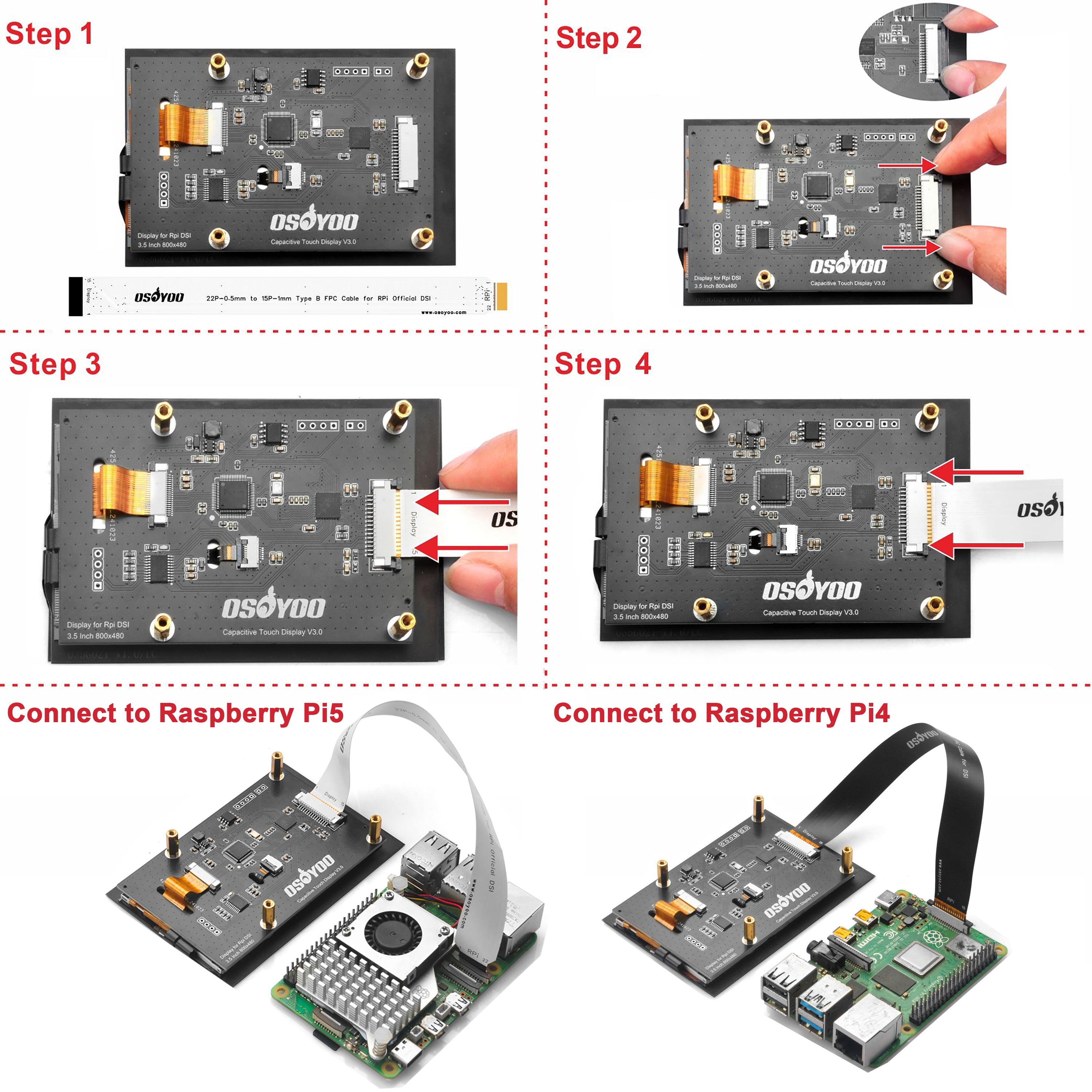 OSOYOO 3.5 Inch DSI Touchscreen For Raspberry Pi 5/4/3 - IPS Capacitive Display 800x480 Resolution