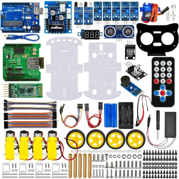 OSOYOO Arduino用 UNO 多機能 教育 ロボット カー | STEM リモコン App 4WD構築、プログラミング、学習 のための  教育用 電動 ロボティクス コーディング 方法 | スターターキット 電子工作 | 電池付