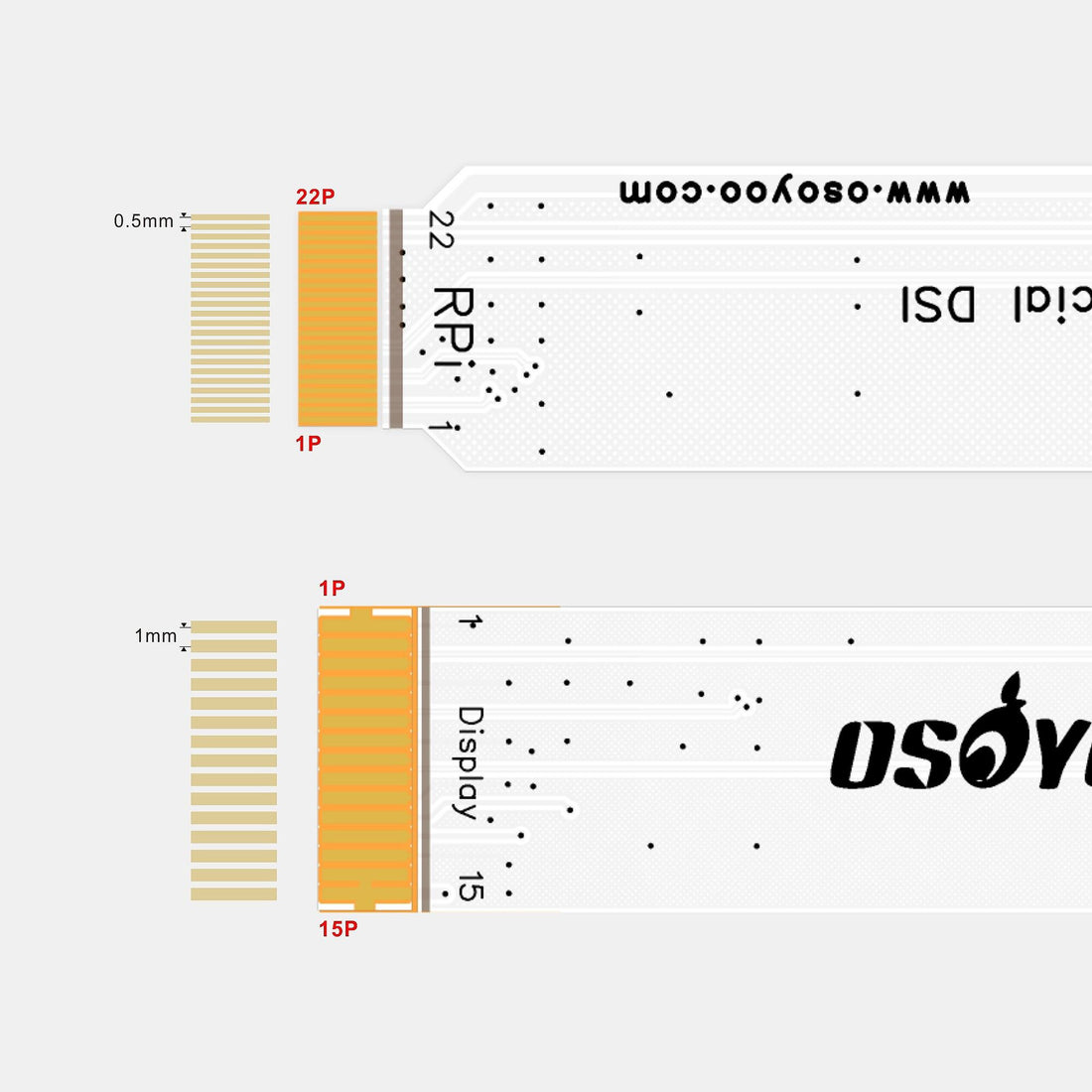 OSOYOO 15 Pin 1.0mm Pitch to 22 Pin 0.5mm Pitch Type B Cover Film High Precision Anti-Interference Flex FPC Cable for Raspberry Pi Official 7inch DSI / OSOYOO 7"/3.5" IPS DSI screen to Raspberry Pi 5