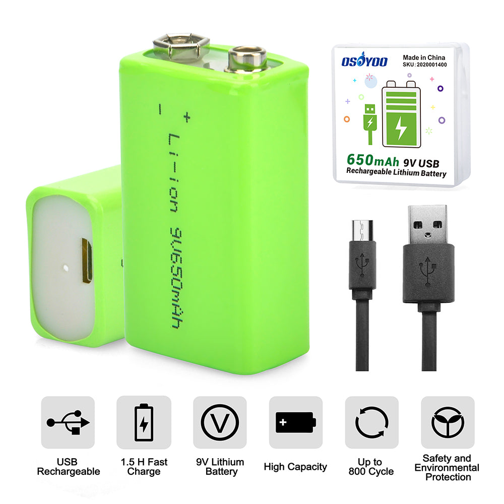 Batterie rechargeable au lithium OSOYOO 9 V 650 mAh avec câble de chargement micro USB pour kit de démarrage de voiture robot OSOYOO (modèle #2020001400)