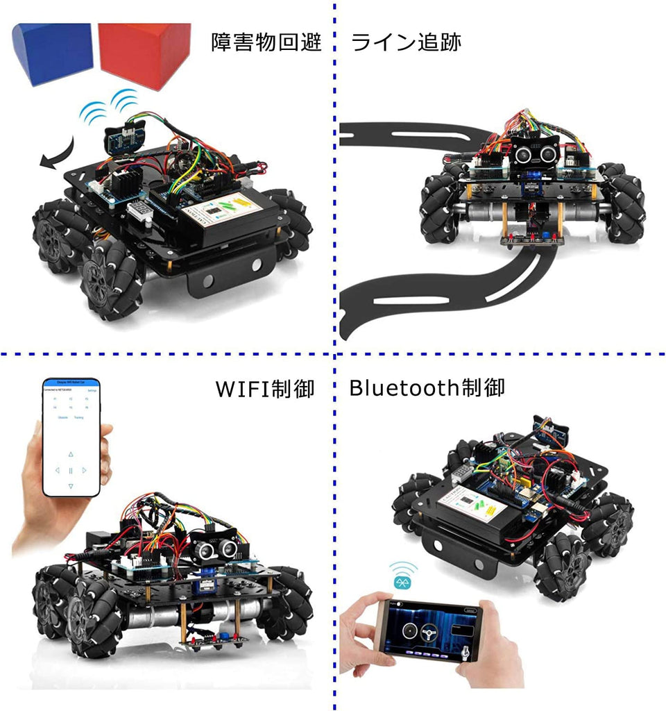 40セット*OSOYOO 産業研究開発用 ロボットカー Arduino適用 スマートロボット 4WD 80mm メカナムホイール DC12V モーター  STEM 教育 360°全方向移動 Omni directional (カーシャーシ+ Arduino用電子部品キット バッテリー、充電器付き)