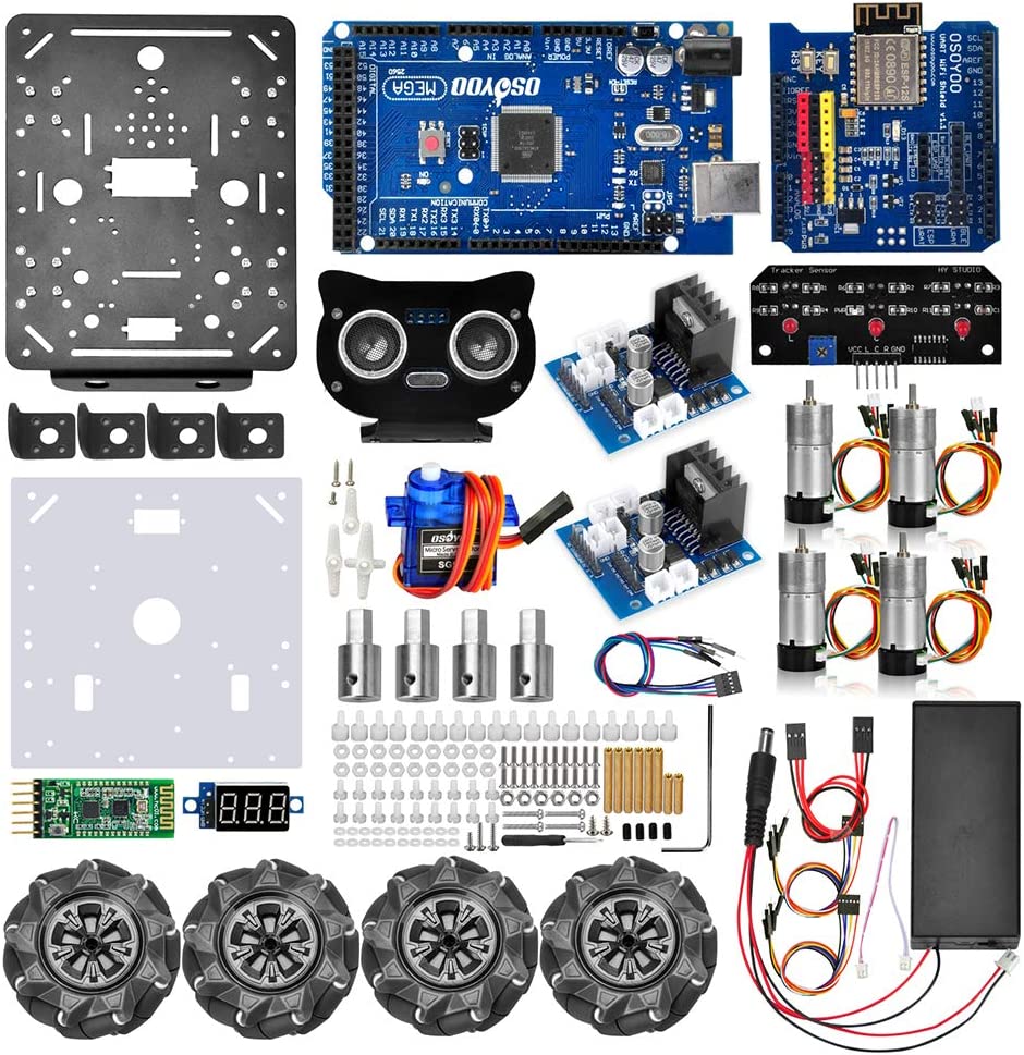 40セット*OSOYOO 産業研究開発用 ロボットカー Arduino適用 スマートロボット 4WD 80mm メカナムホイール DC12V モーター  STEM 教育 360°全方向移動 Omni directional (カーシャーシ+ Arduino用電子部品キット バッテリー、充電器付き)