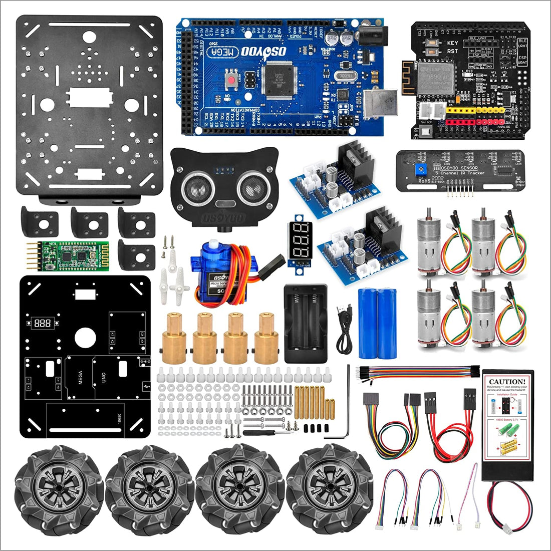 40セット*OSOYOO 産業研究開発用 ロボットカー Arduino適用 スマートロボット 4WD 80mm メカナムホイール DC12V モーター STEM 教育 360°全方向移動 Omni directional (カーシャーシ+ Arduino用電子部品キット バッテリー、充電器付き)