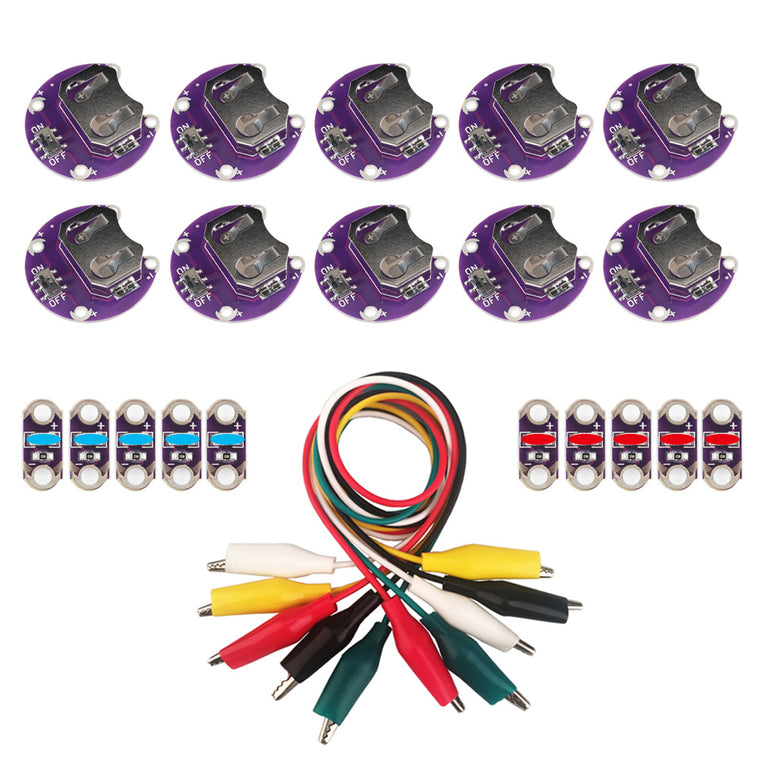 Lilypad Knopfzellen-Batteriehalter | Lilypad LEDs Blau/Rot | Krokodilklemmen-Testleitungskabel für Arduino Raspberry Pi